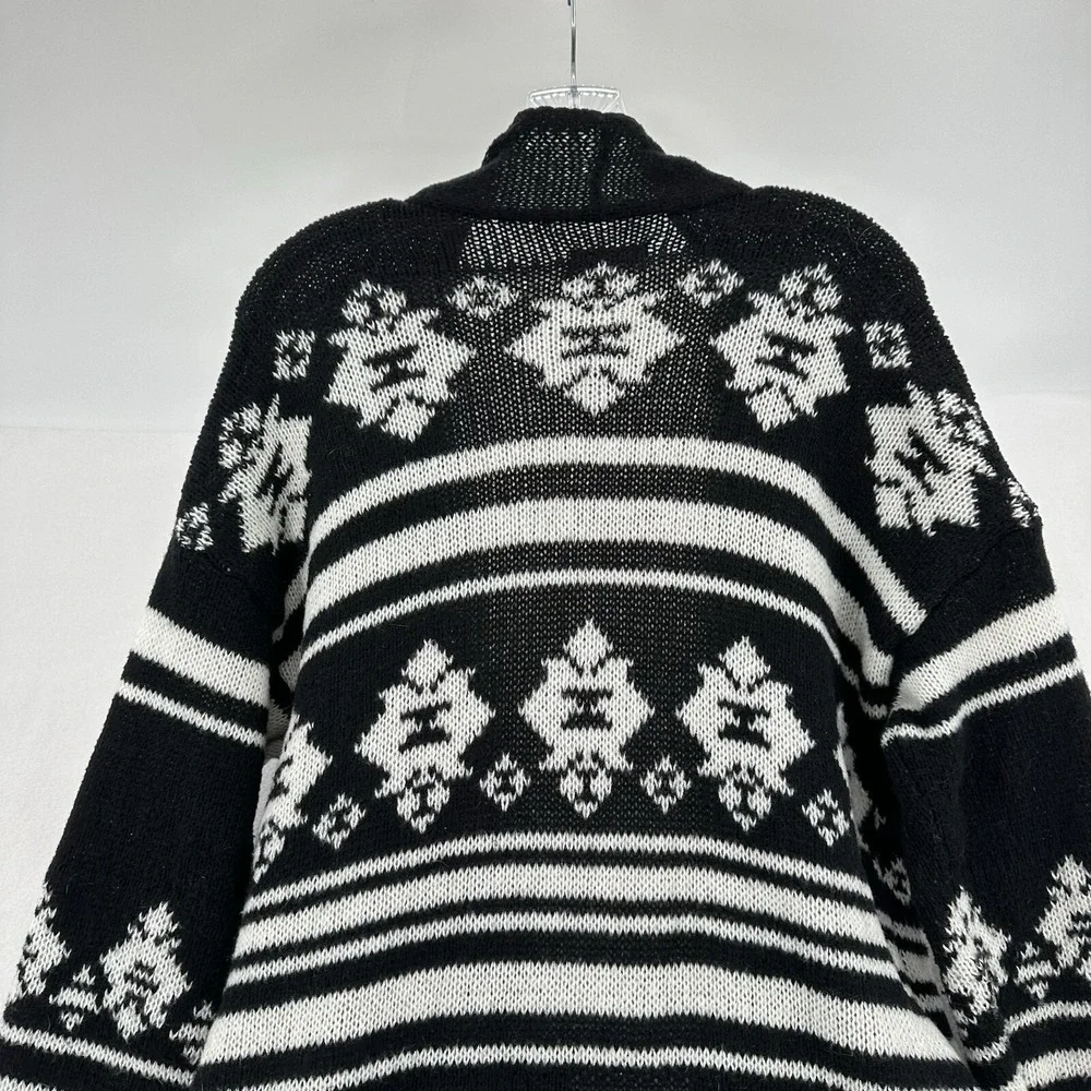Knox Rose Women Sz M Black White Fair Isle Open Front Longline Cardigan Sweater